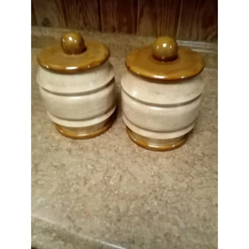 poubelle de table Vintage Beige Brown Pottery Canister Jar Set
